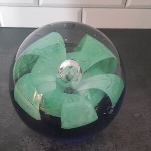 Glass Paperweight  with Teal Floral Design